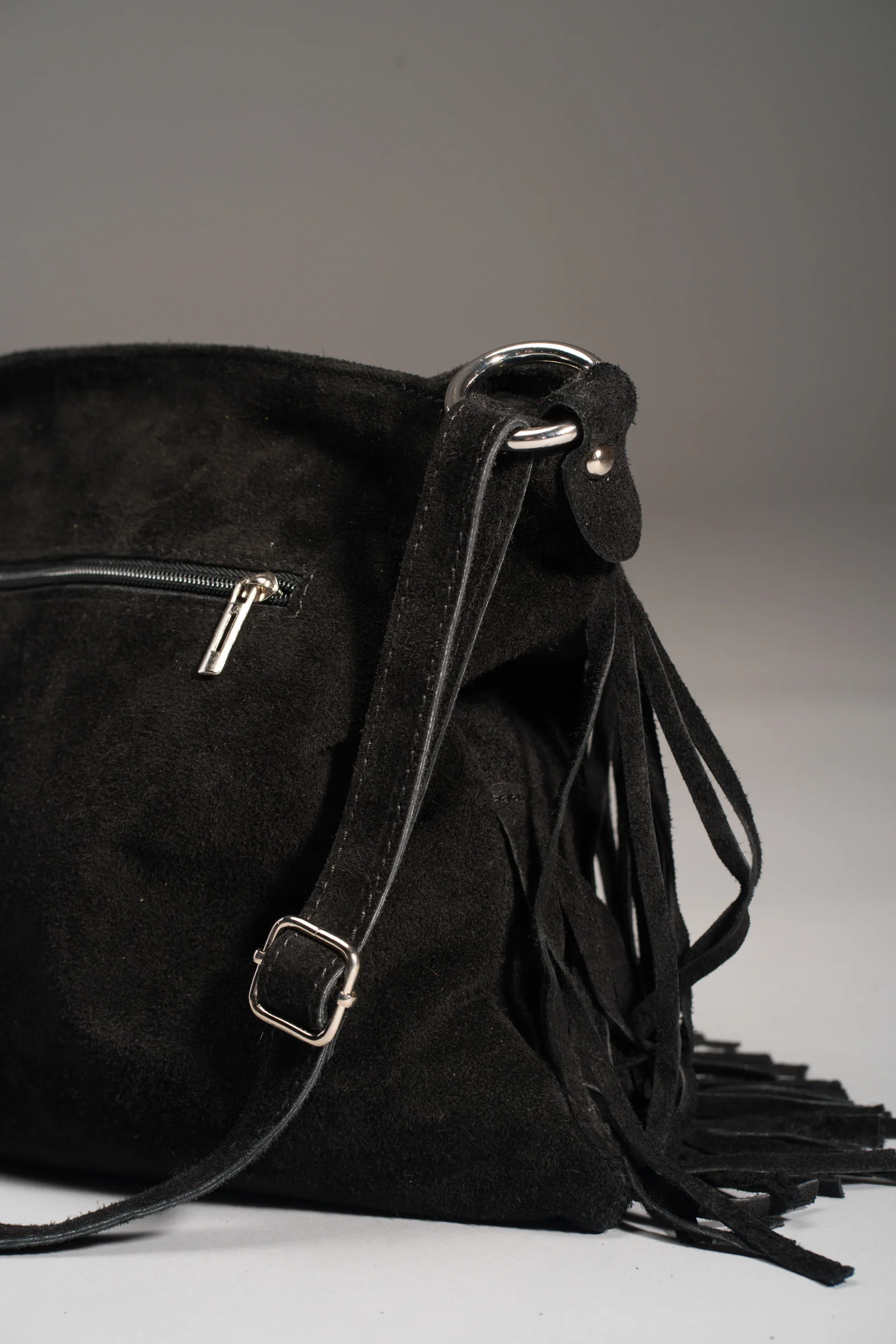 Black Genuine Suede Fringed Bag - Image 4