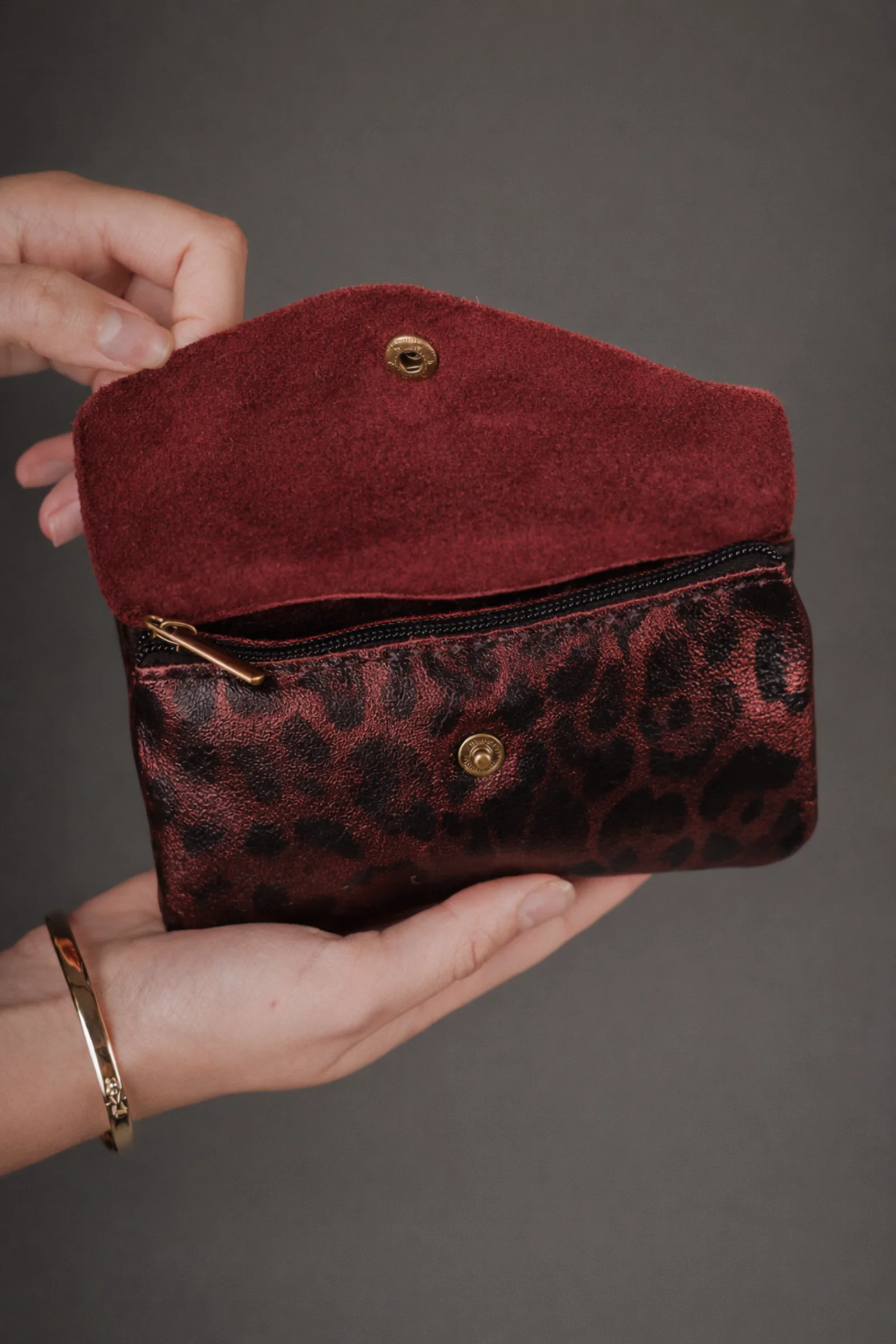 Cherry Metallic Genuine Suede Leopard Purse - Image 2