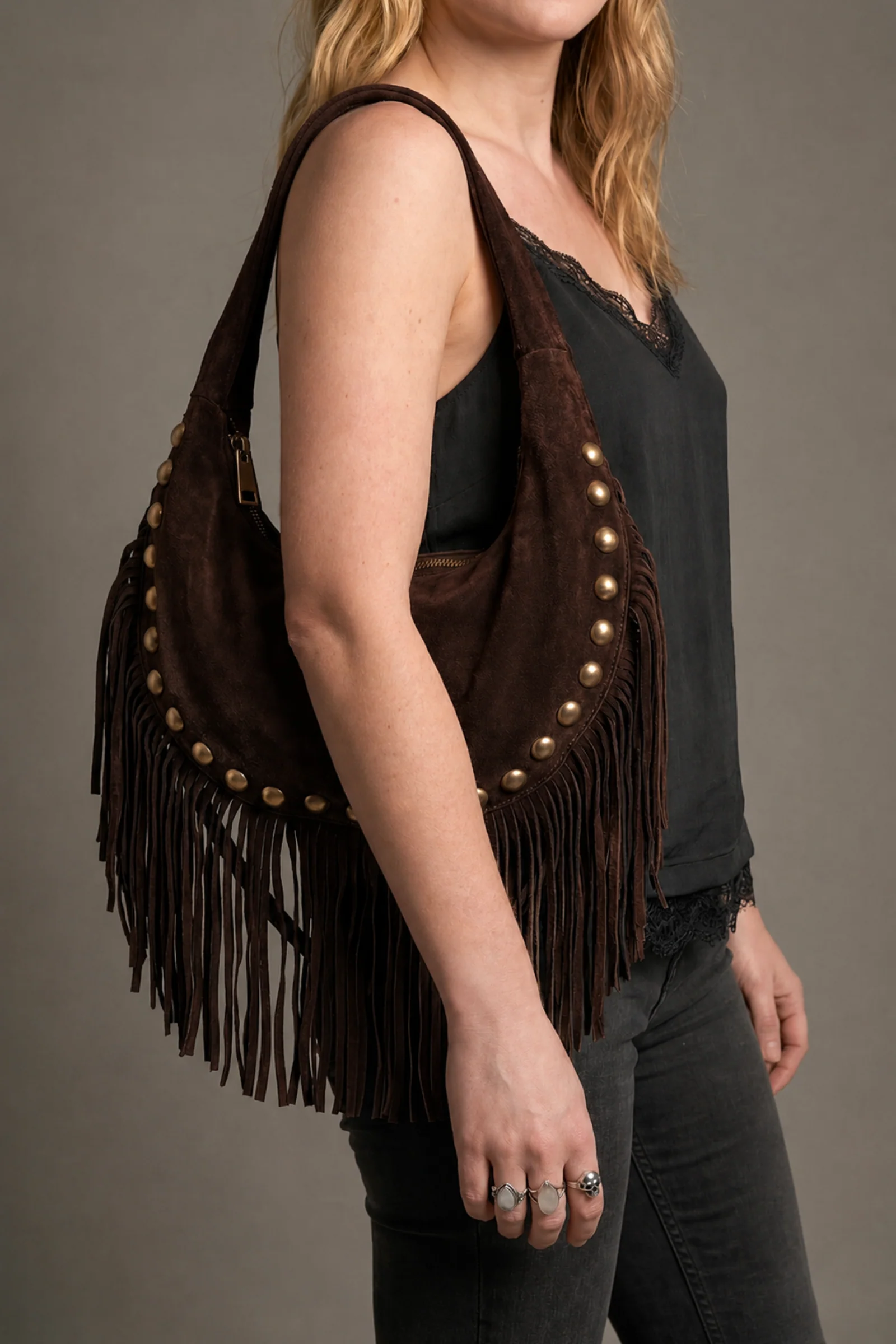 Kate Chocolate Suede Fringe Studded Bag - Image 2