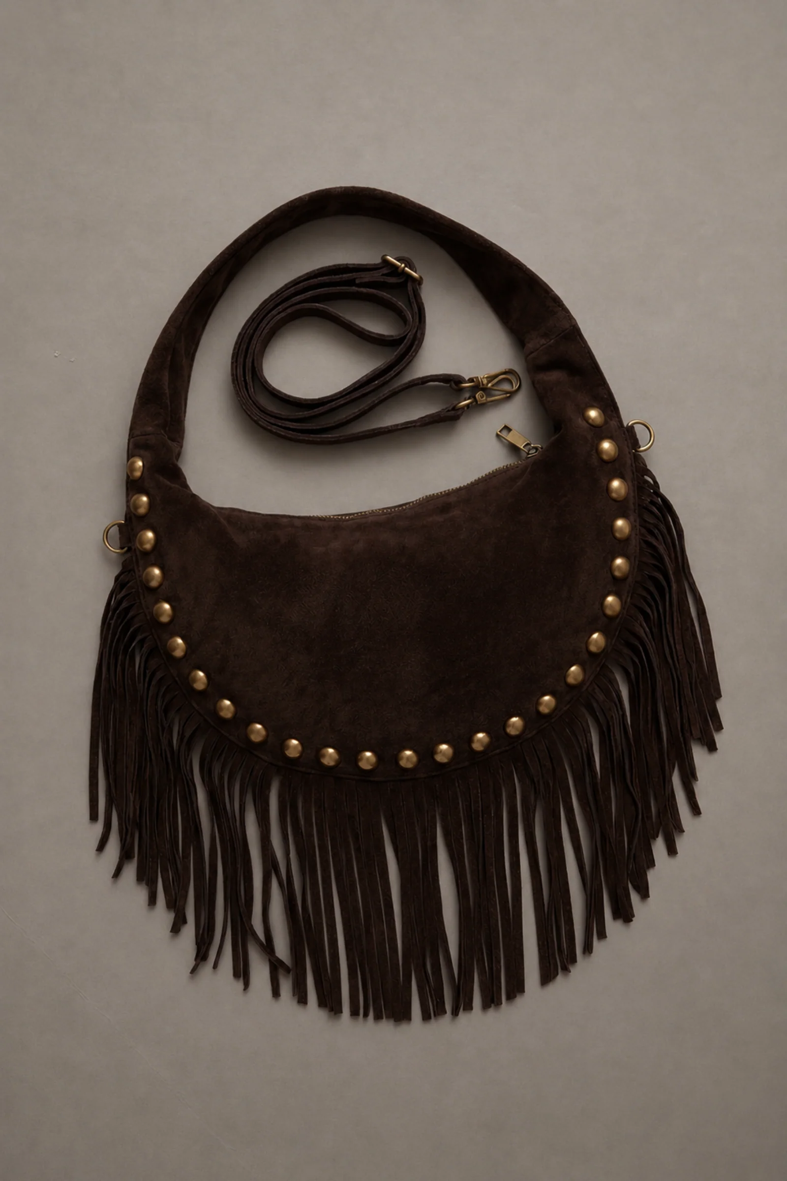 Kate Chocolate Suede Fringe Studded Bag - Image 3