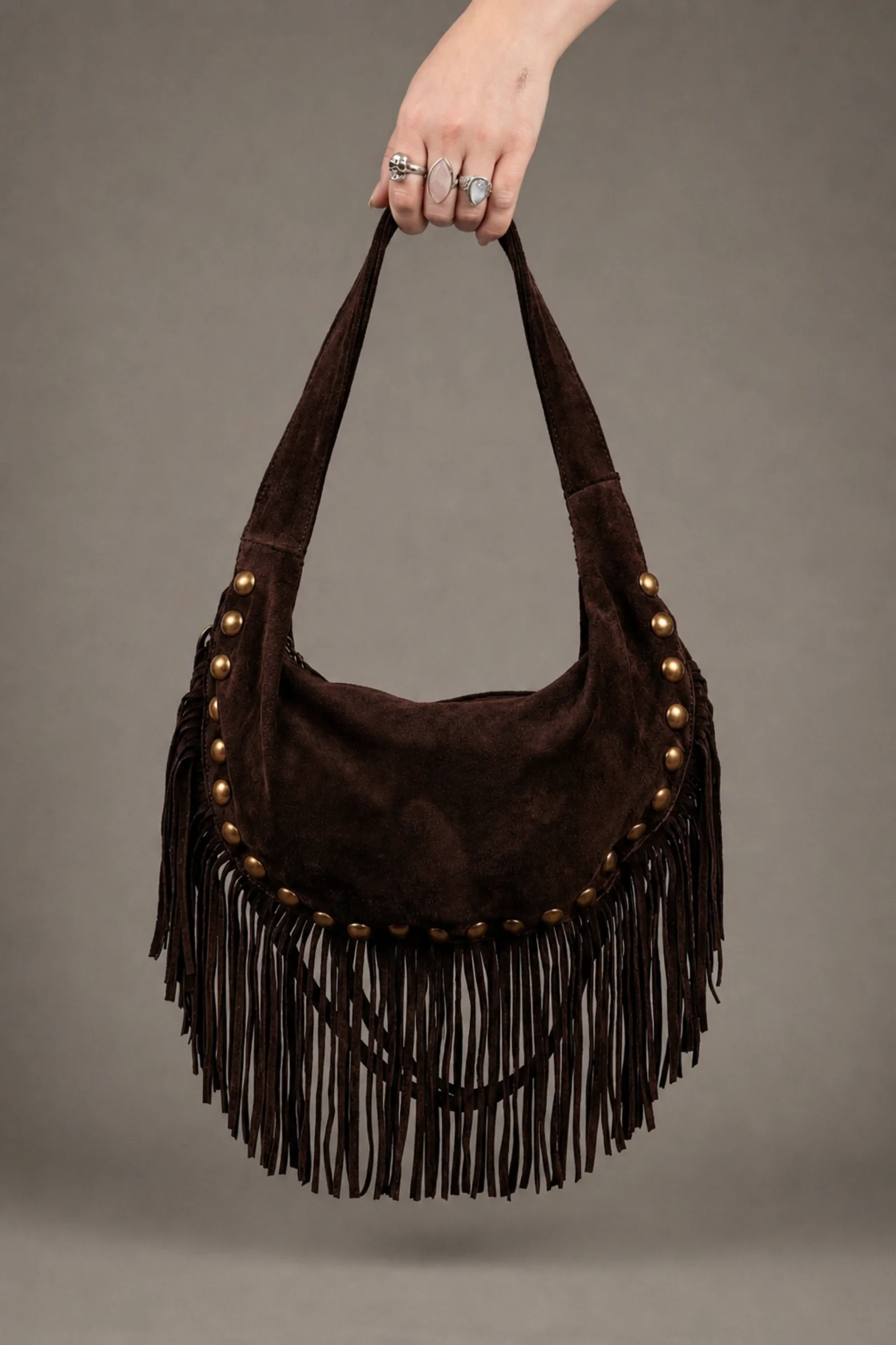 Kate Chocolate Suede Fringe Studded Bag - Image 7