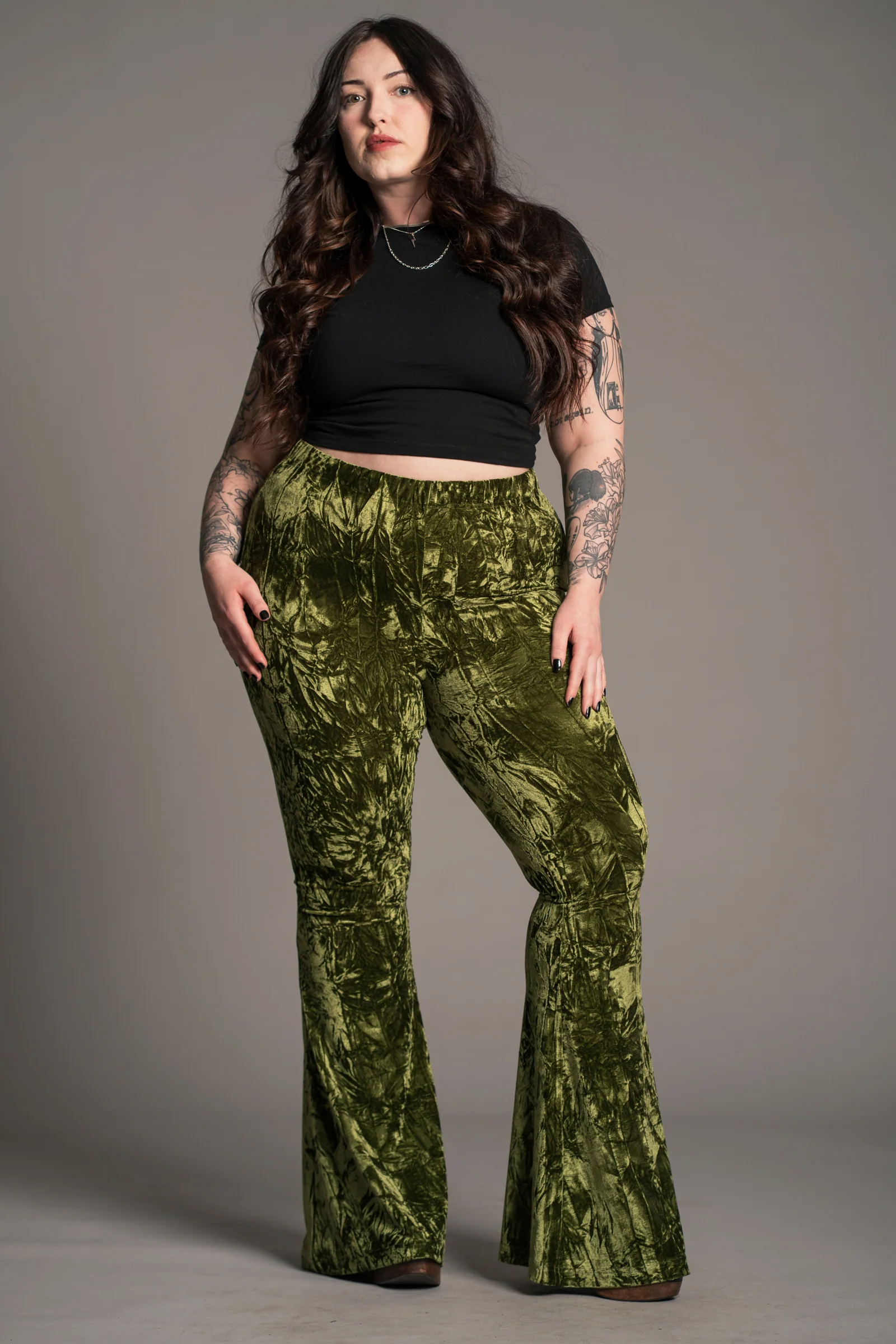 Hendrix Olive Crushed Velvet Flares - Image 7
