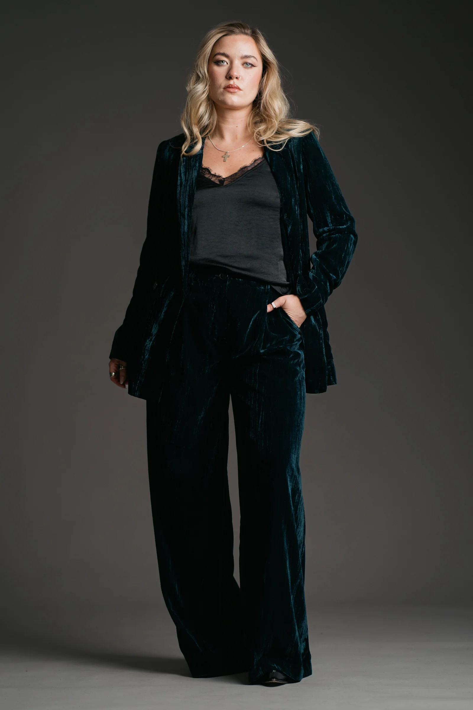 Jagger Teal Velvet Wide Leg Trouser - Image 6