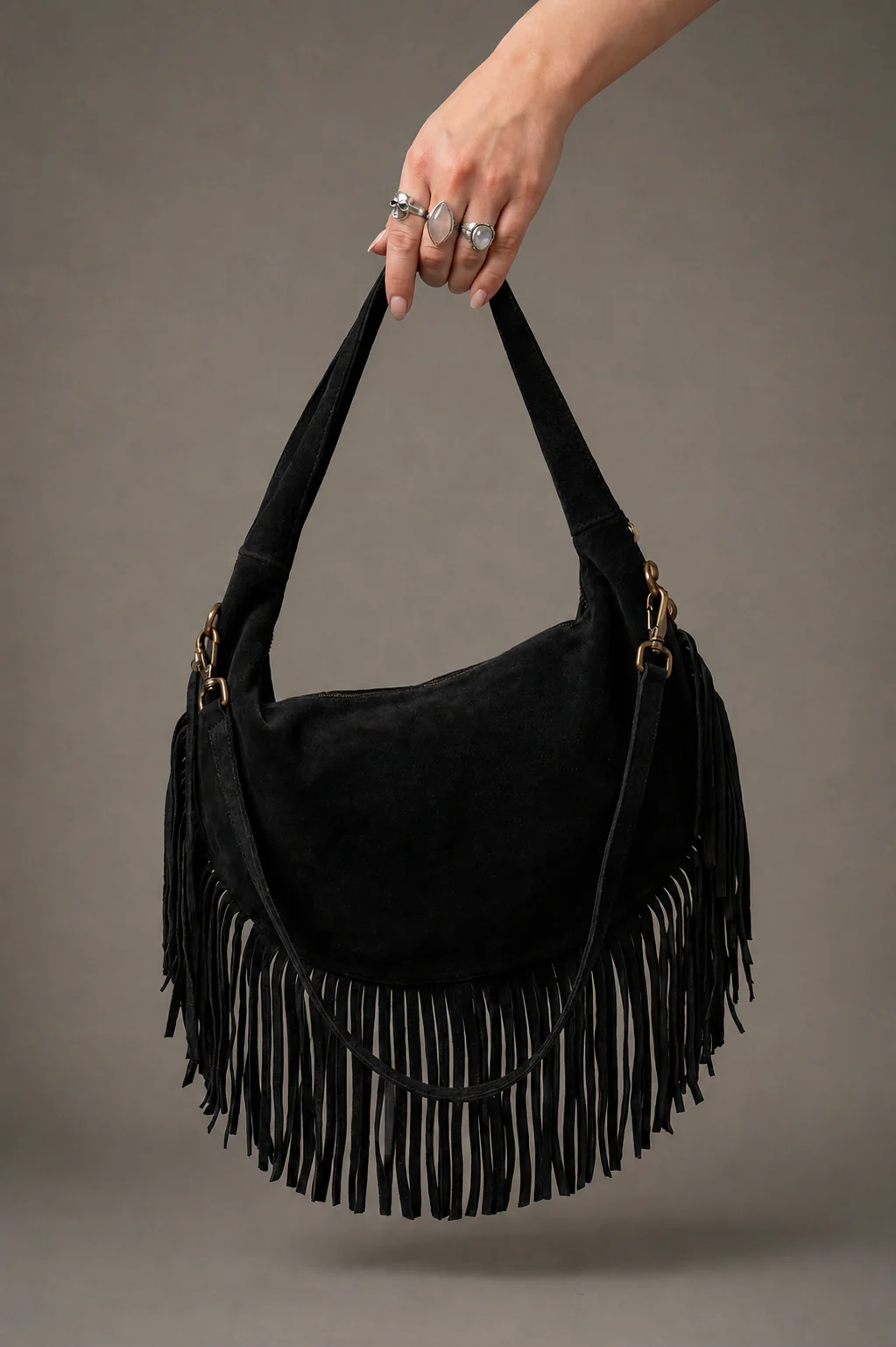 Kate Black Suede Fringe Studded Bag - Image 6