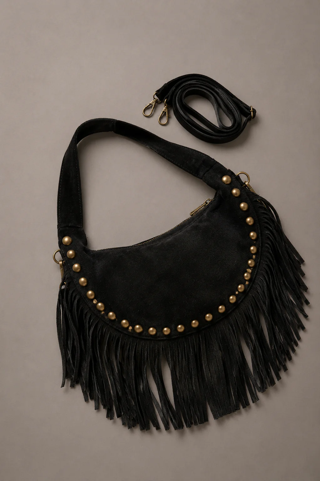 Kate Black Suede Fringe Studded Bag - Image 7