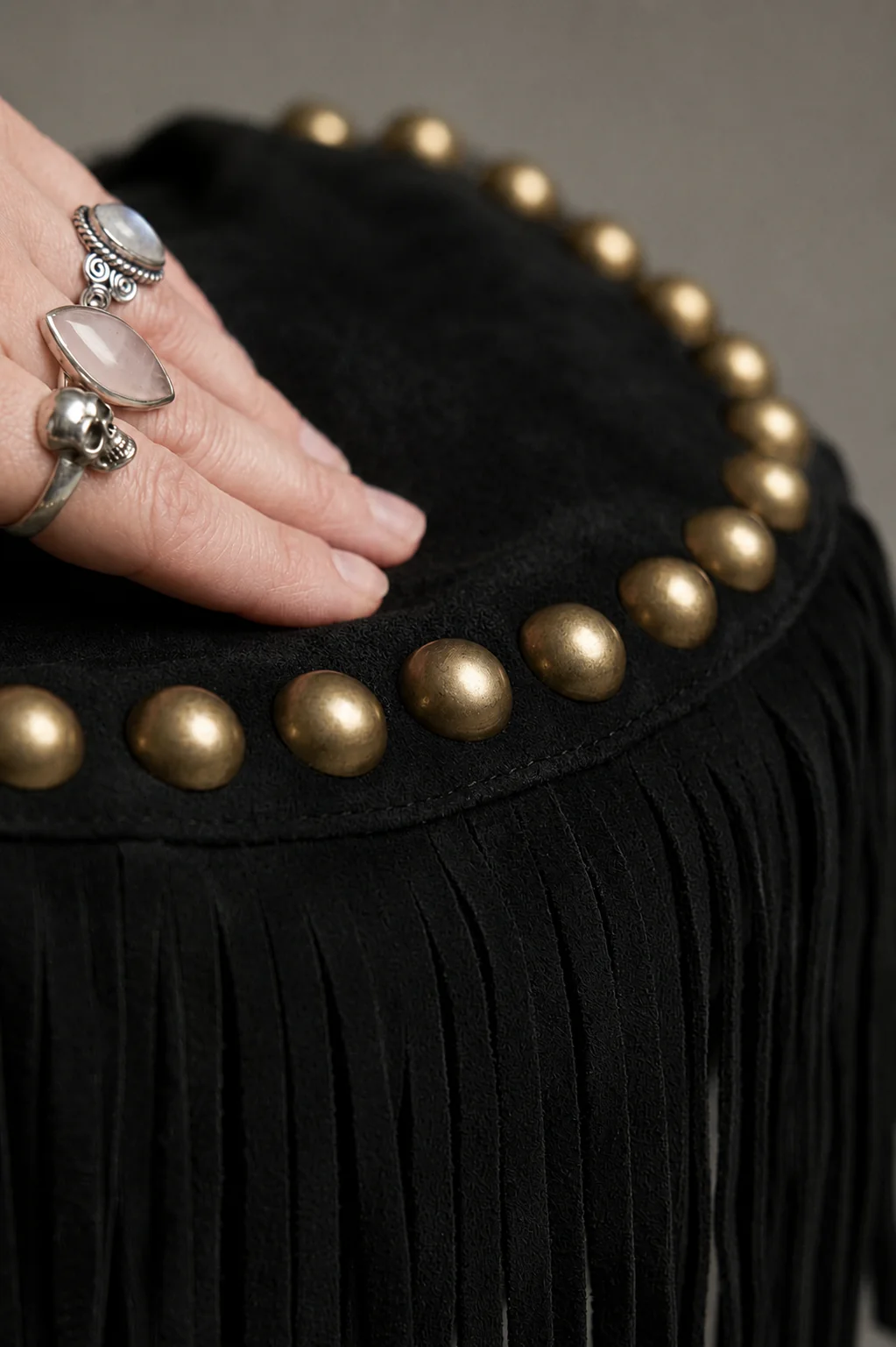 Kate Black Suede Fringe Studded Bag - Image 8
