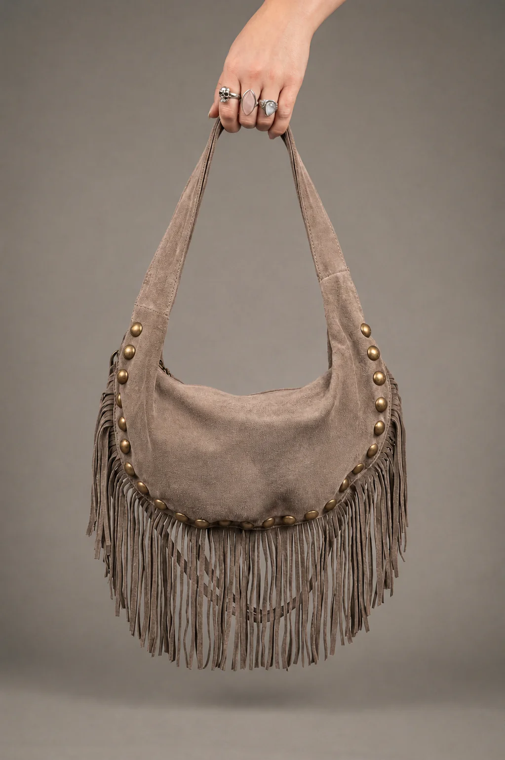 Kate Taupe Suede Fringe Studded Bag - Image 2