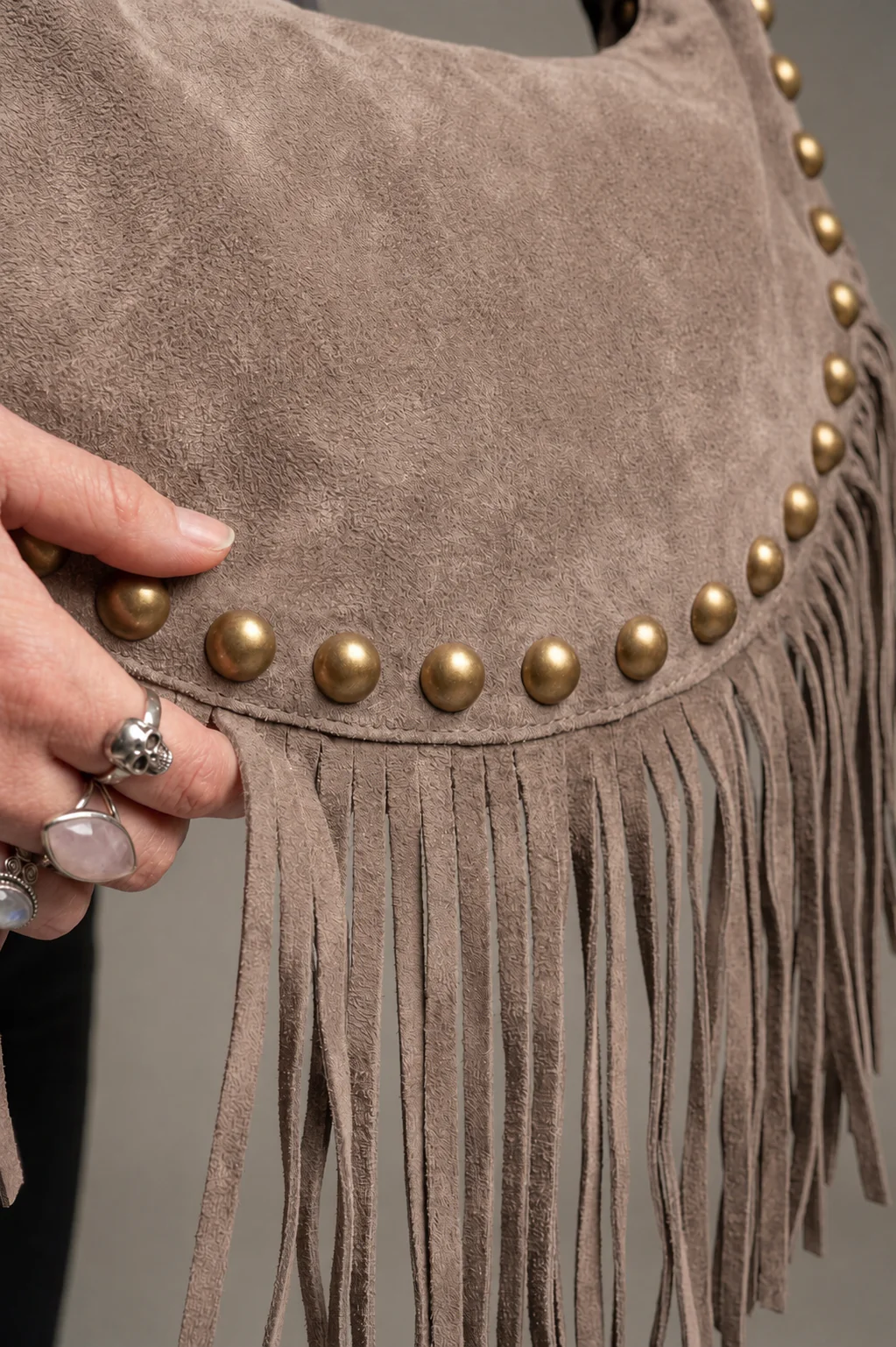 Kate Taupe Suede Fringe Studded Bag - Image 7