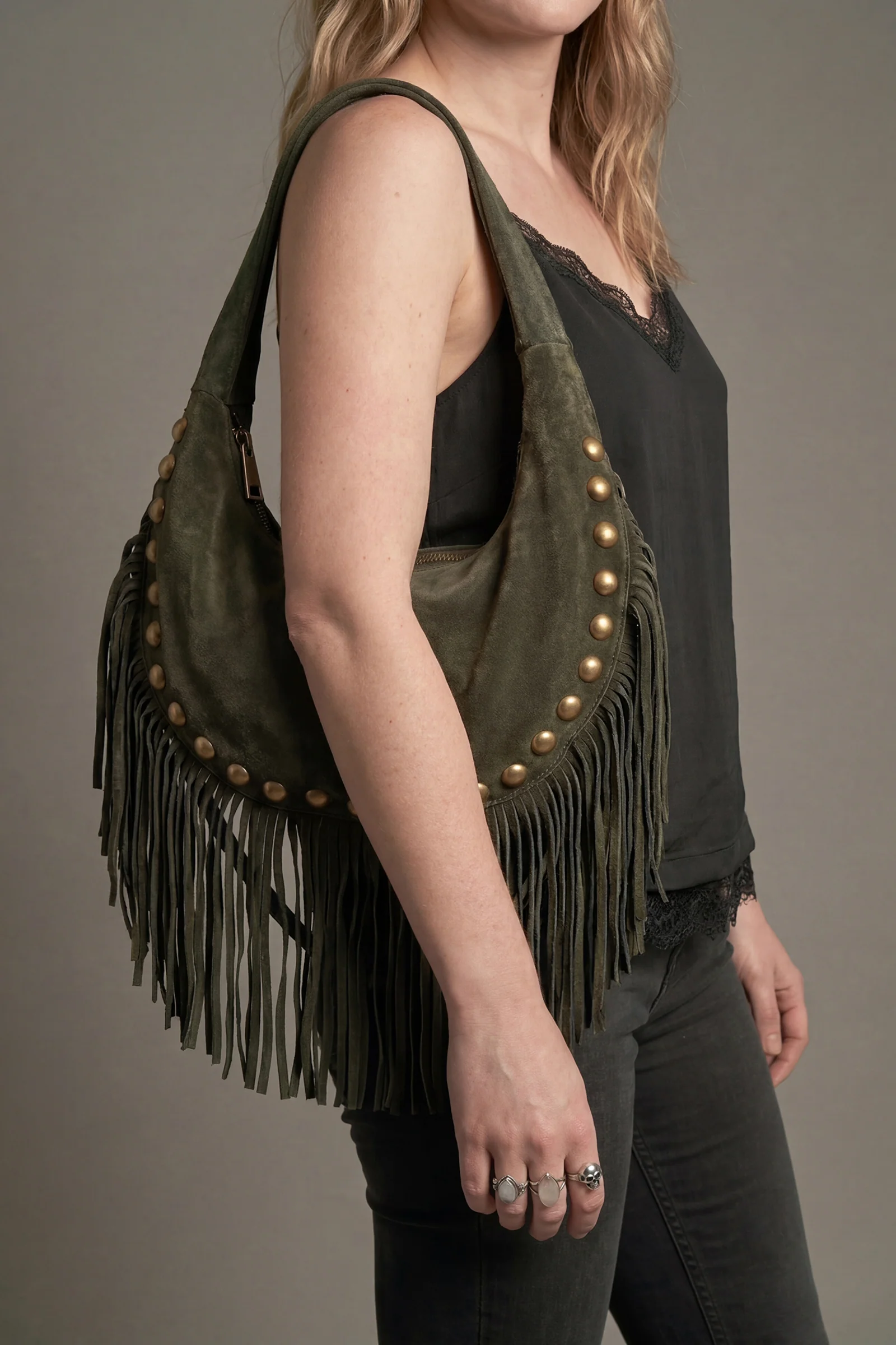 Kate Khaki Suede Fringe Studded Bag - Image 2