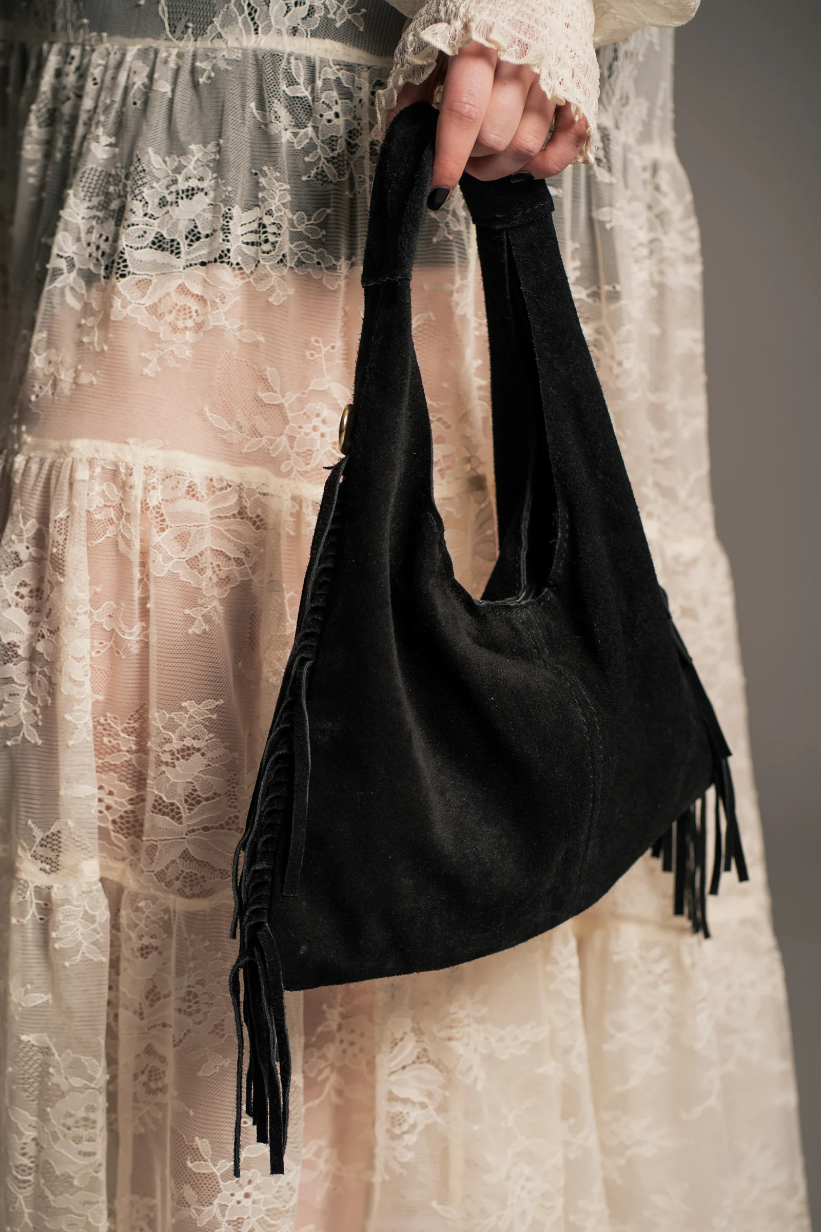 Lila Black Genuine Suede Fringed Grab Bag