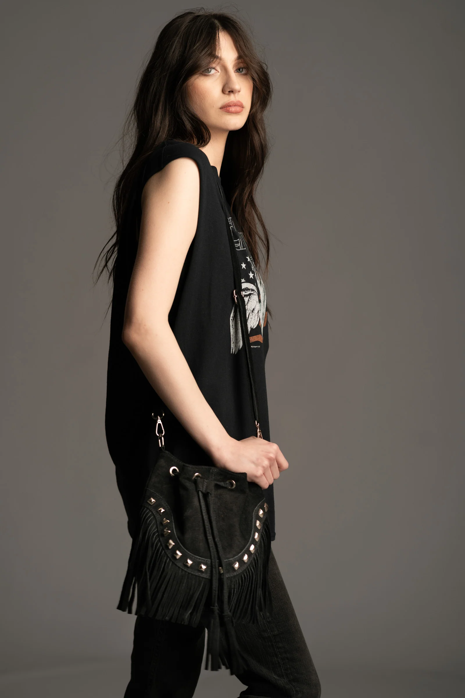 Nevada Black Suede Fringed Bucket Bag - Image 3