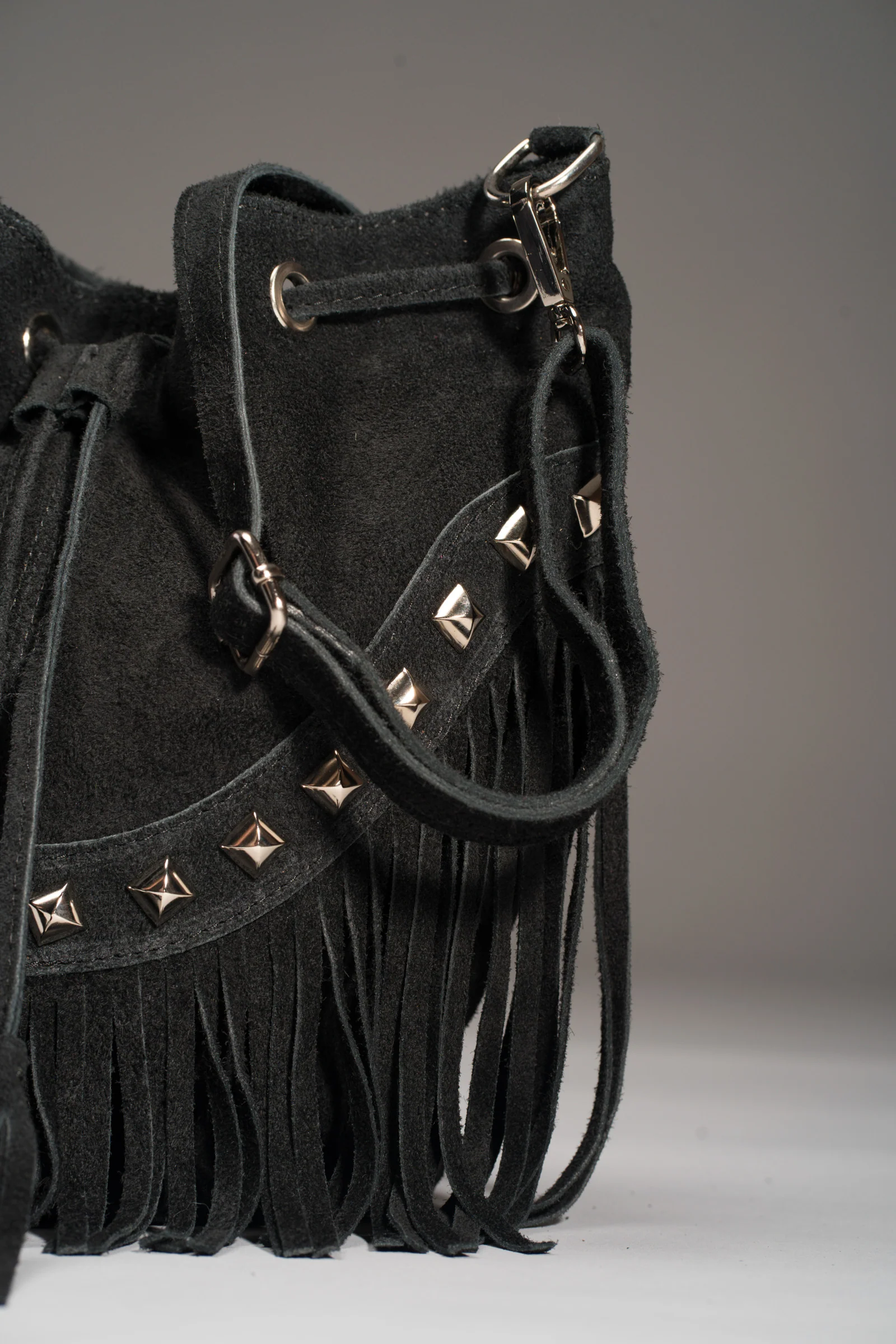 Nevada Black Suede Fringed Bucket Bag - Image 4