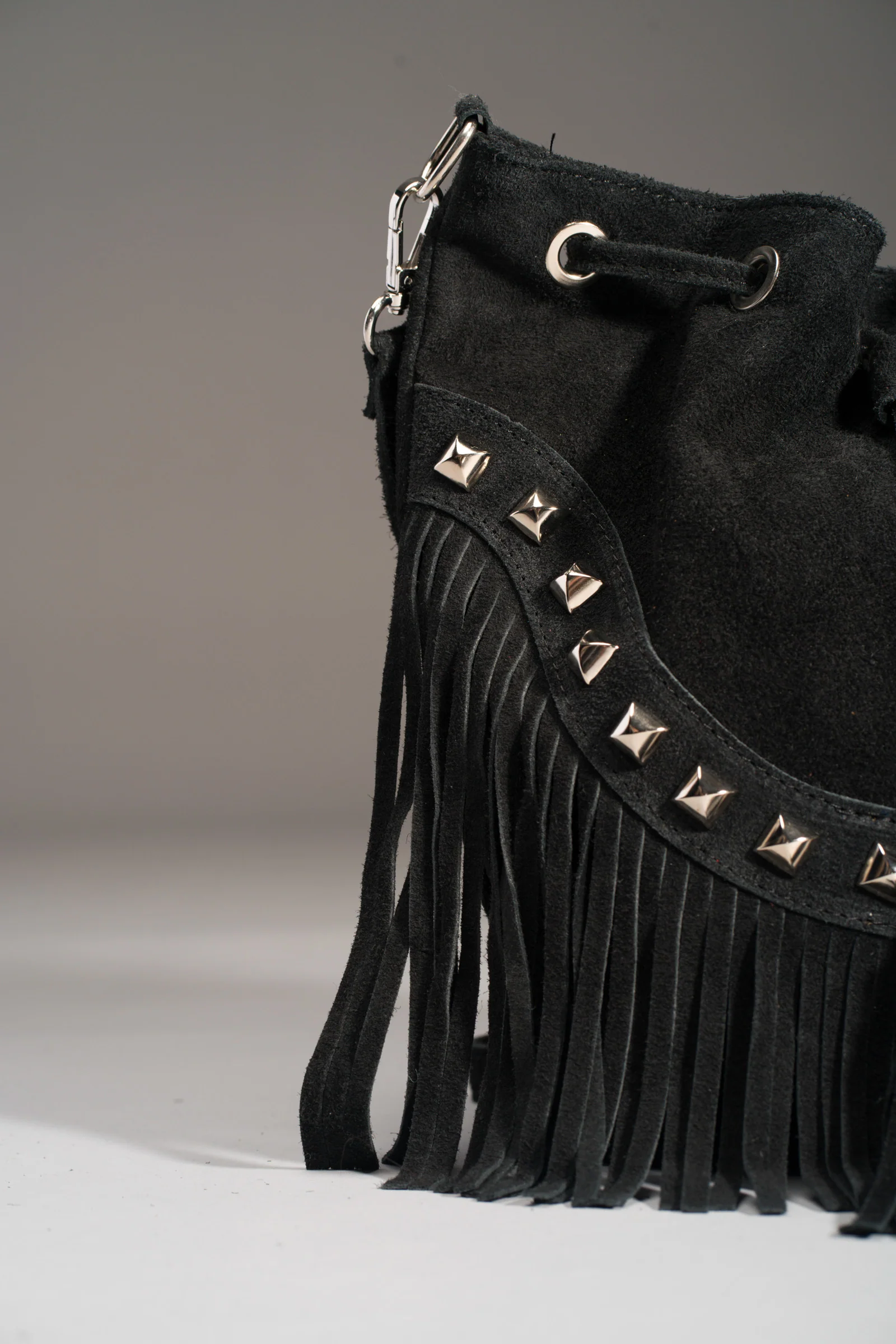 Nevada Black Suede Fringed Bucket Bag - Image 5