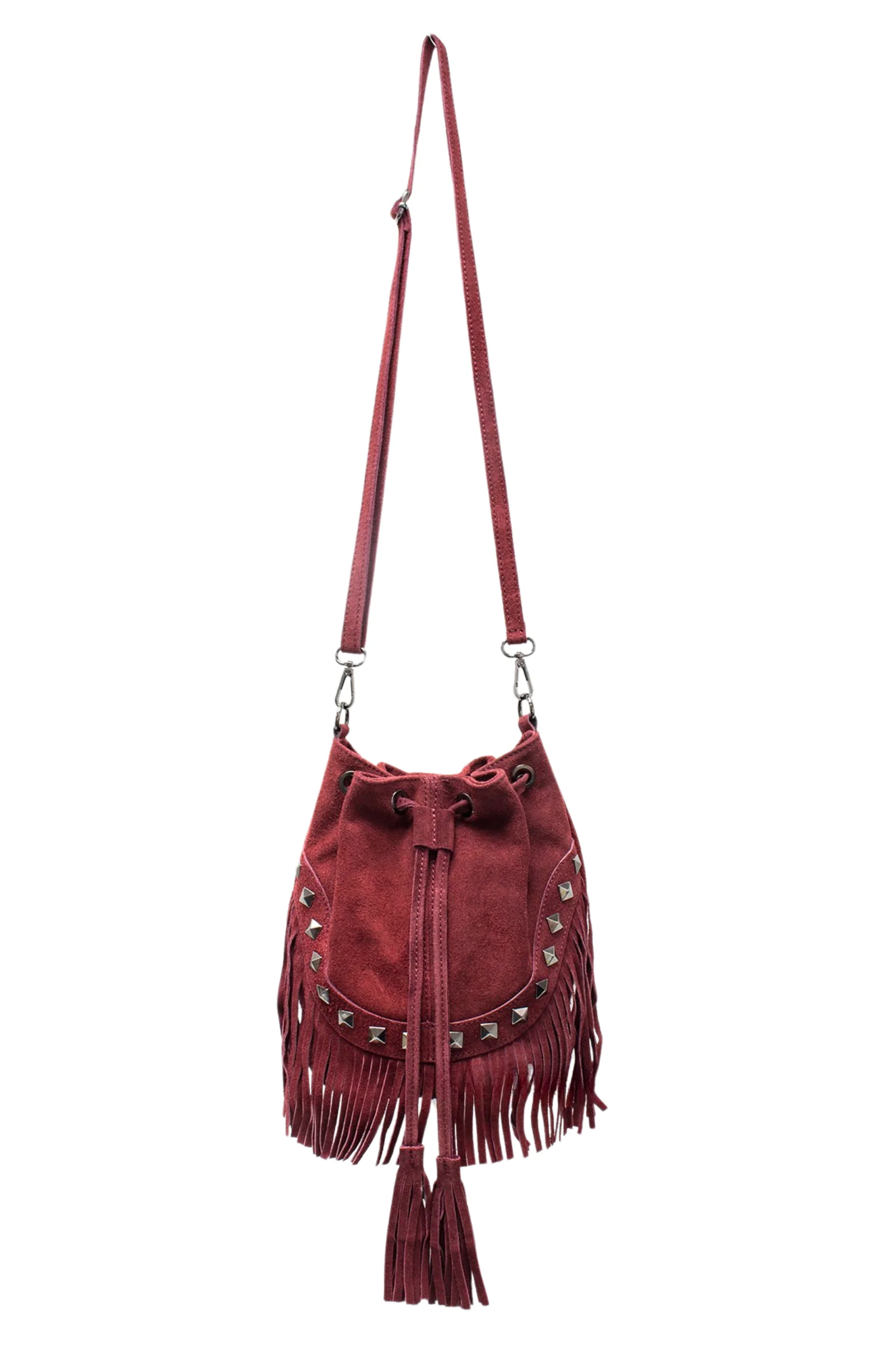 Nevada Oxblood Suede Fringed Bucket Bag - Image 4
