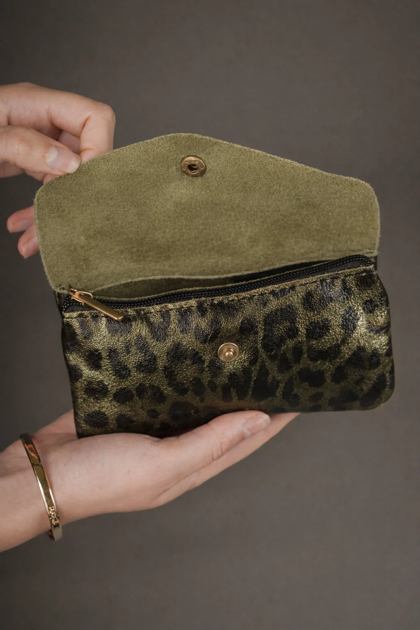 Olive Metallic Genuine Suede Leopard Purse - Image 2