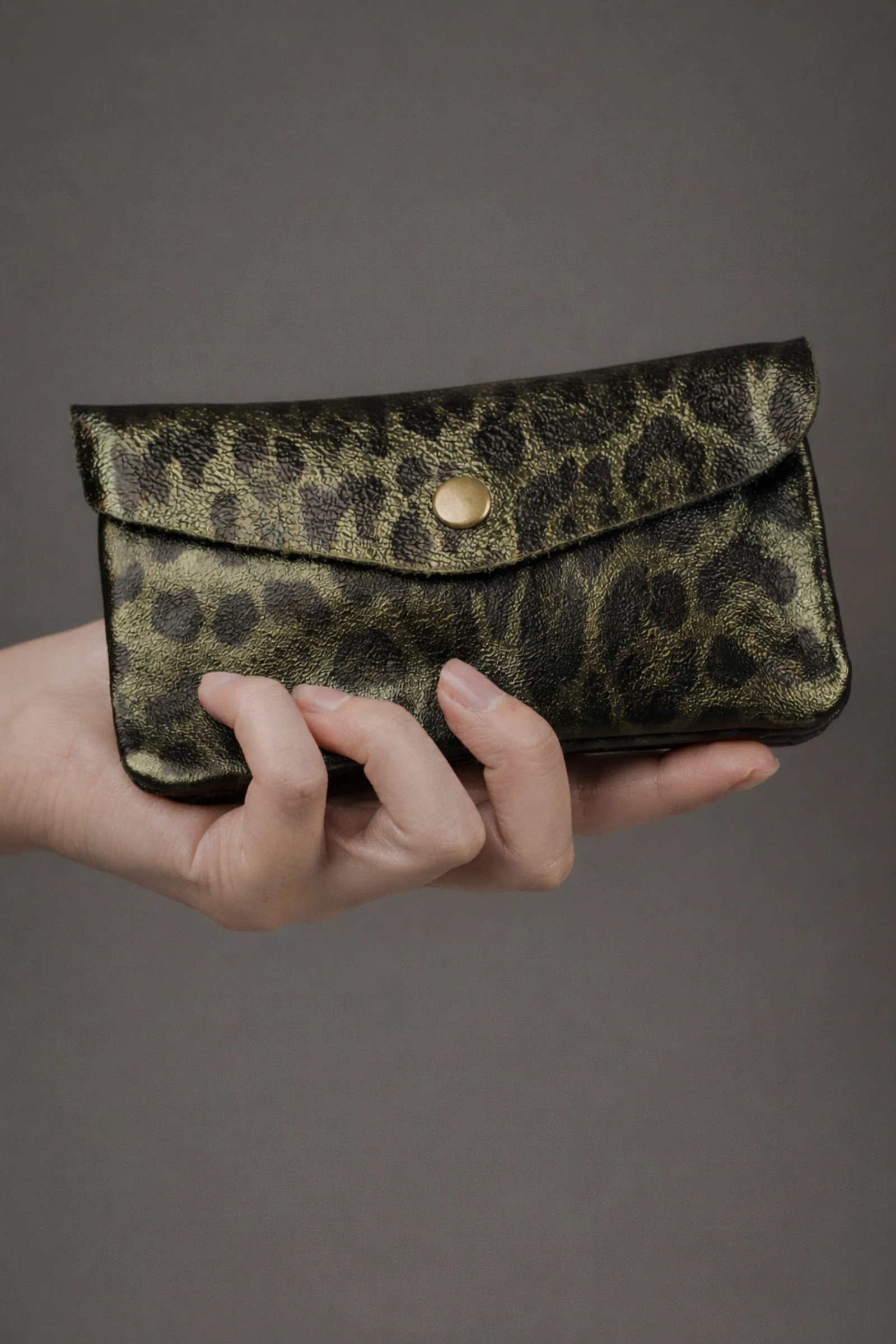 Olive Metallic Genuine Suede Leopard Purse - Image 3