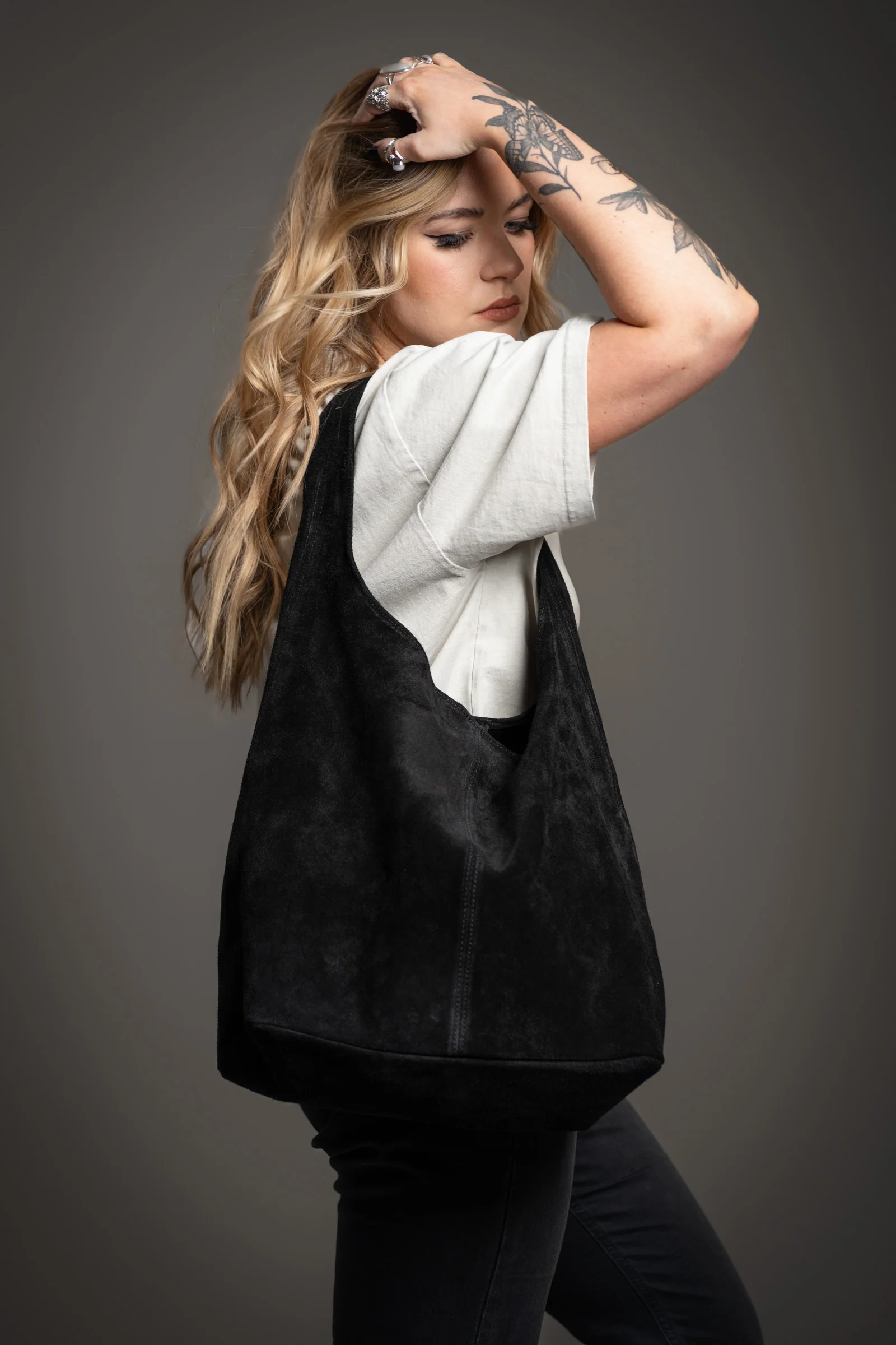 Olsen Black Genuine Suede Slouchy Bag - Image 4