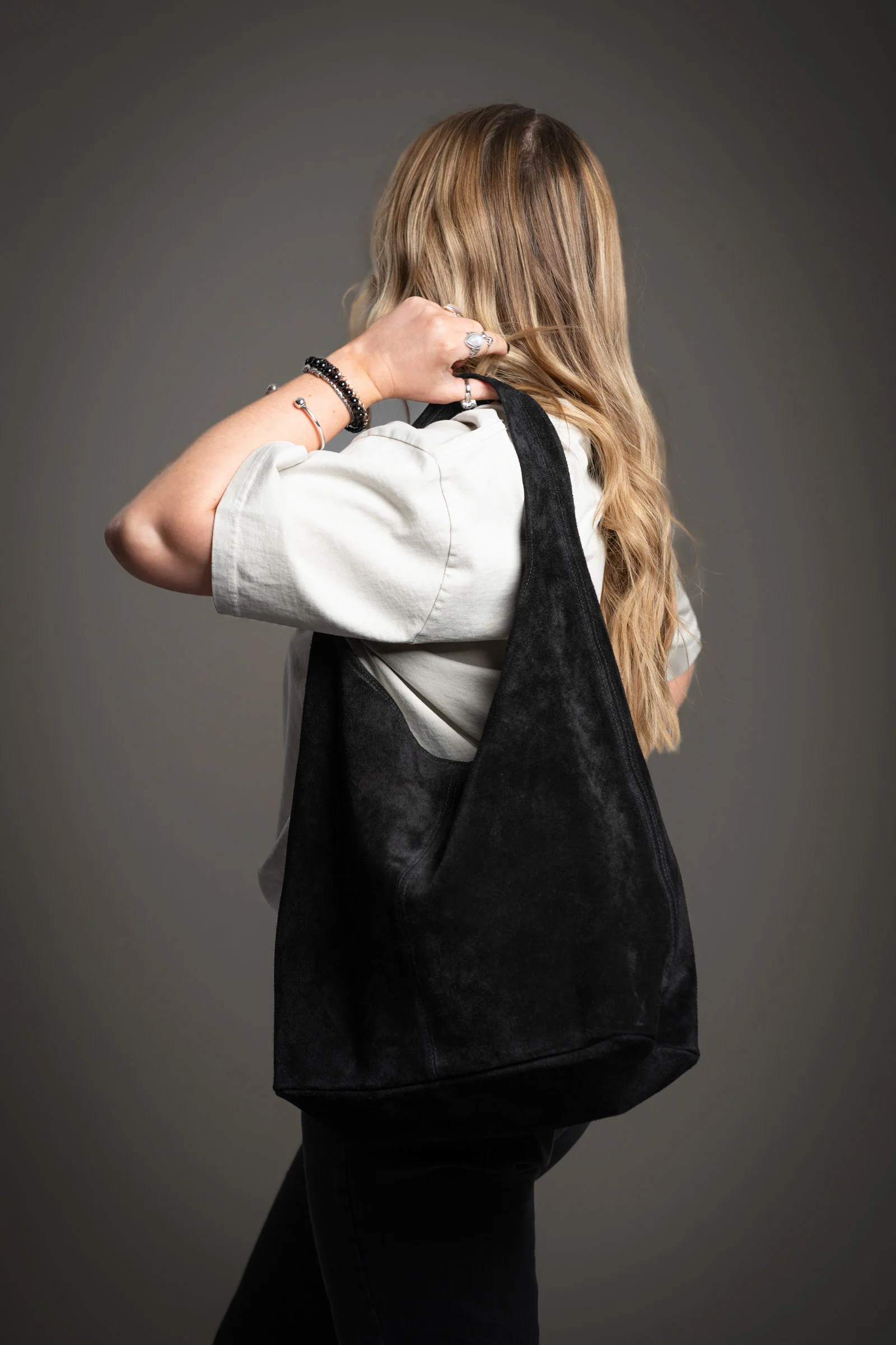 Olsen Black Genuine Suede Slouchy Bag - Image 6