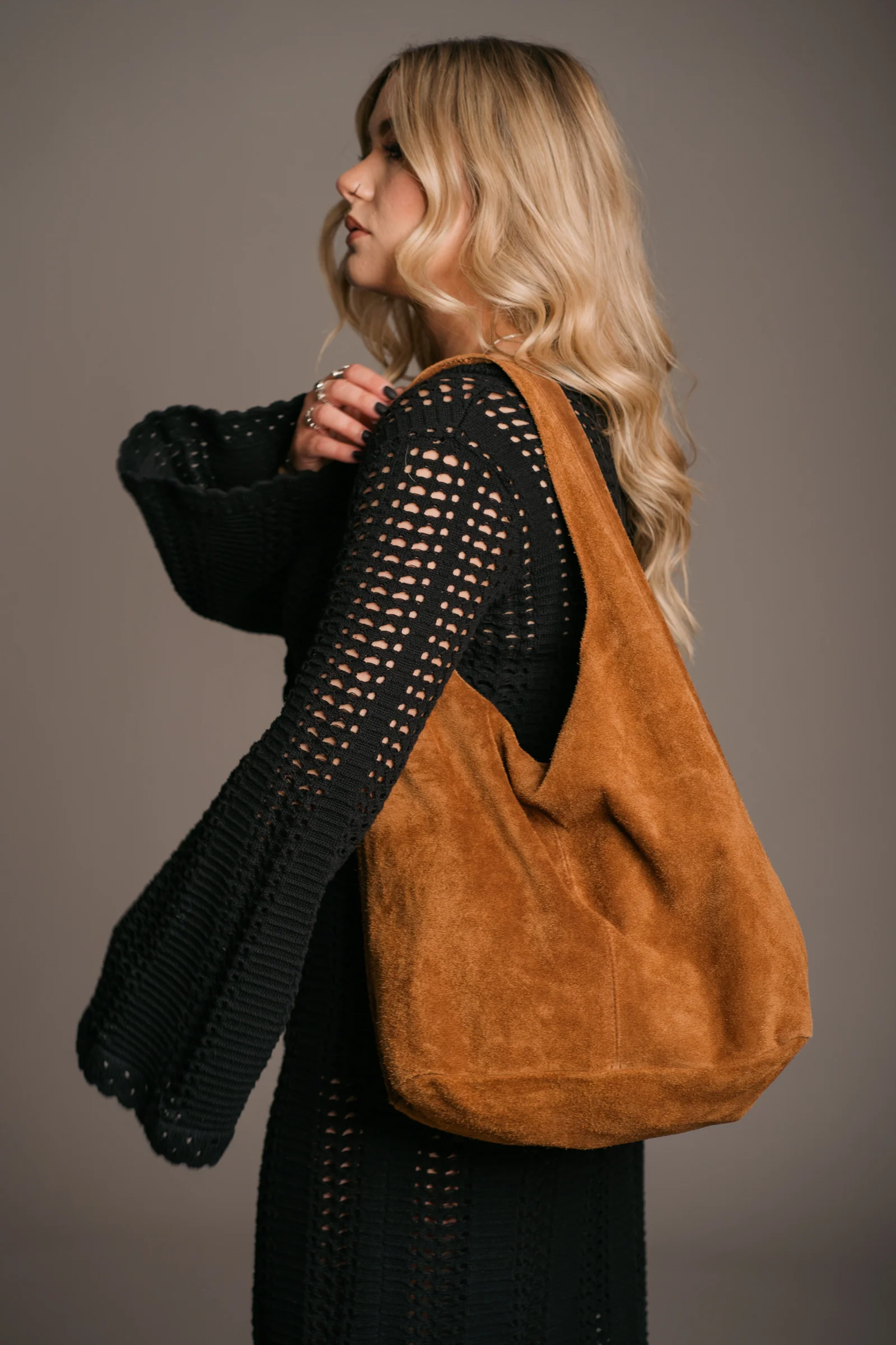 Olsen Tan Genuine Suede Slouchy Bag - Image 3