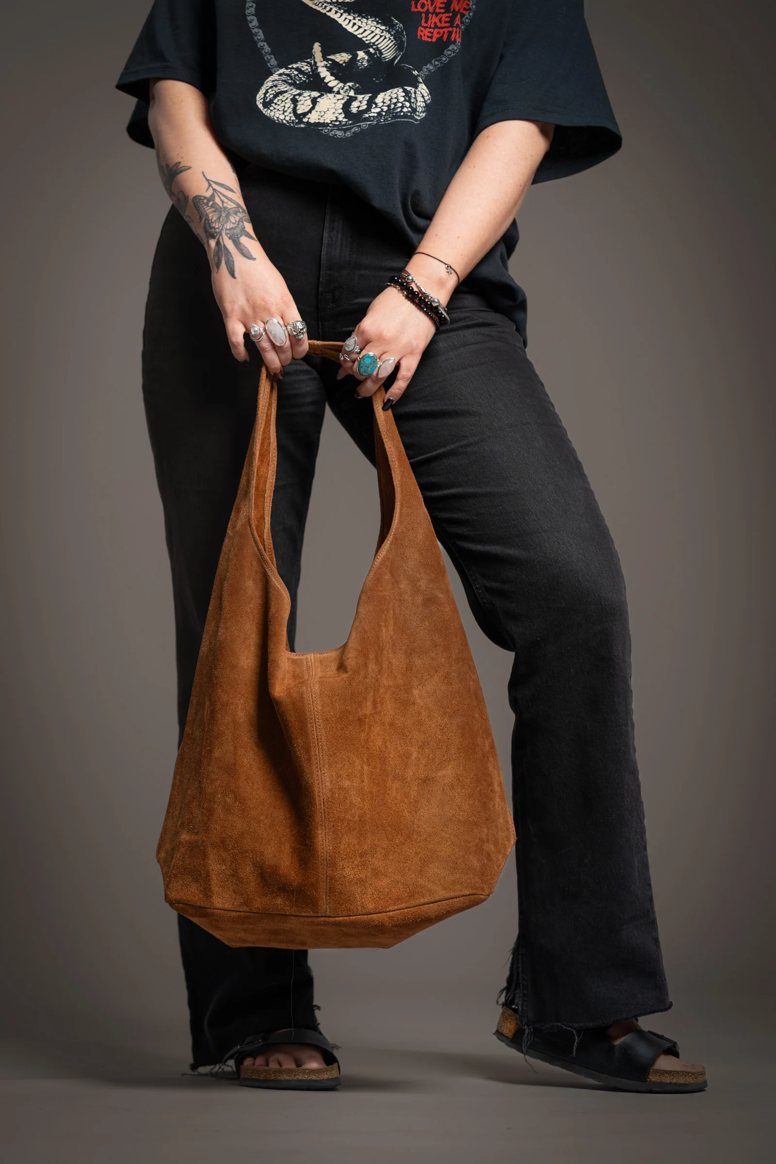 Olsen Tan Genuine Suede Slouchy Bag - Image 4