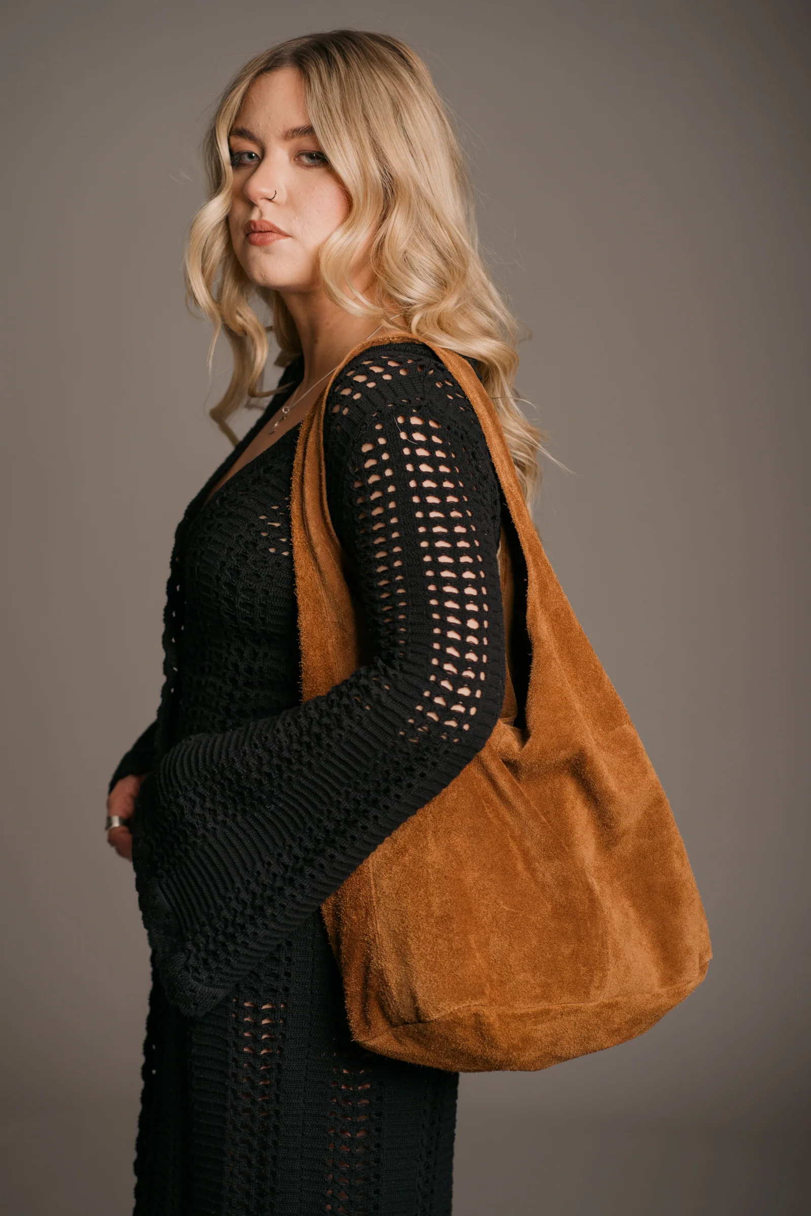 Olsen Tan Genuine Suede Slouchy Bag - Image 5