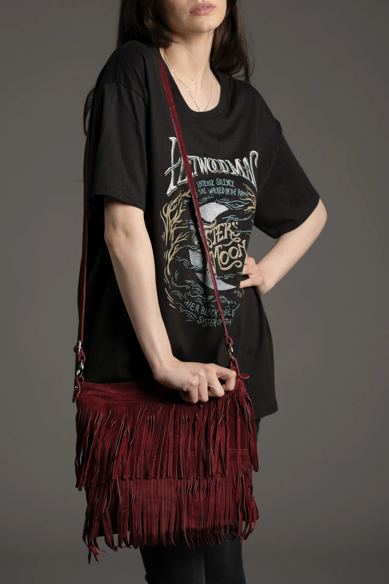 Oxblood Genuine Suede Fringed Bag - Image 2