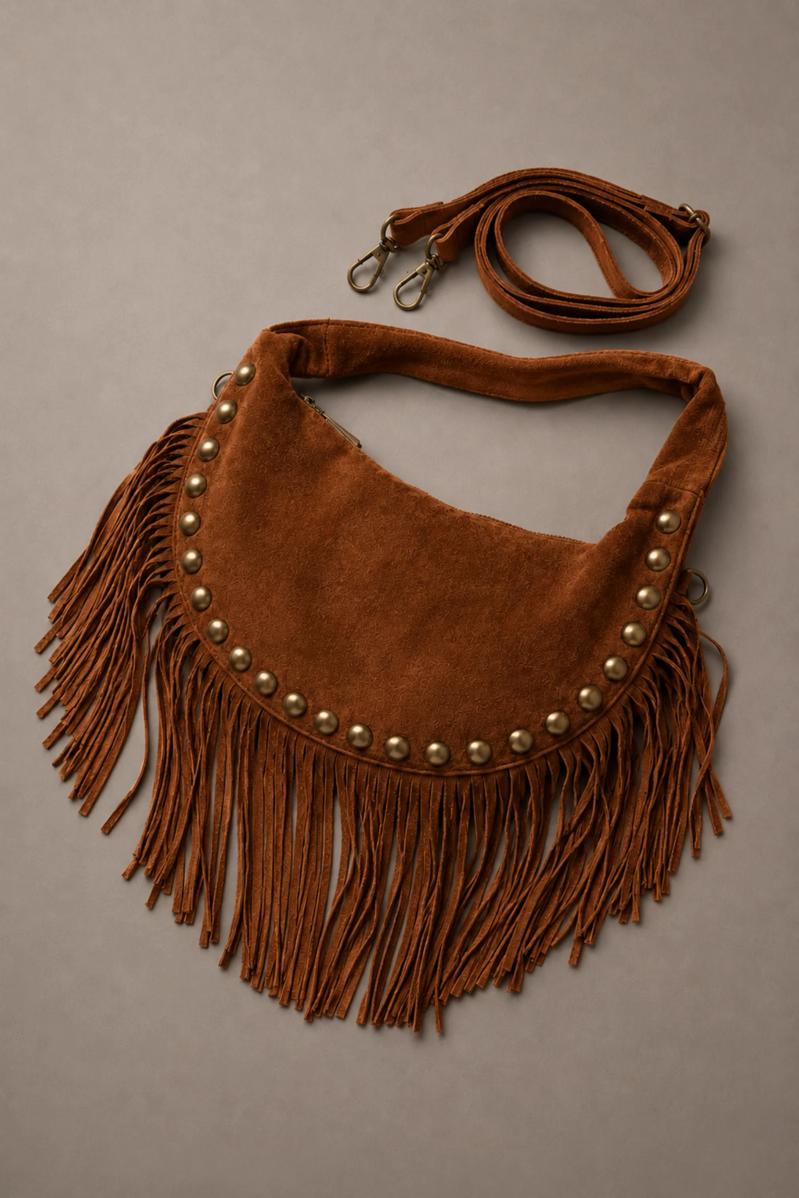 Kate Tan Suede Fringe Studded Bag