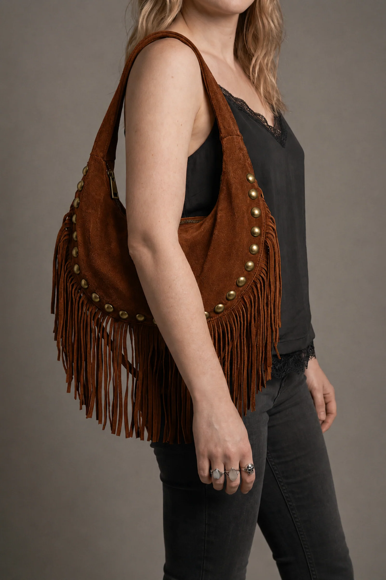 Kate Tan Suede Fringe Studded Bag - Image 2