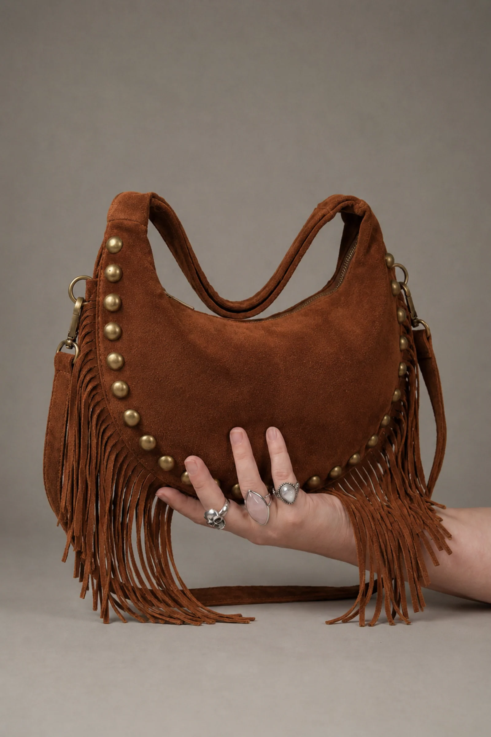 Kate Tan Suede Fringe Studded Bag - Image 3
