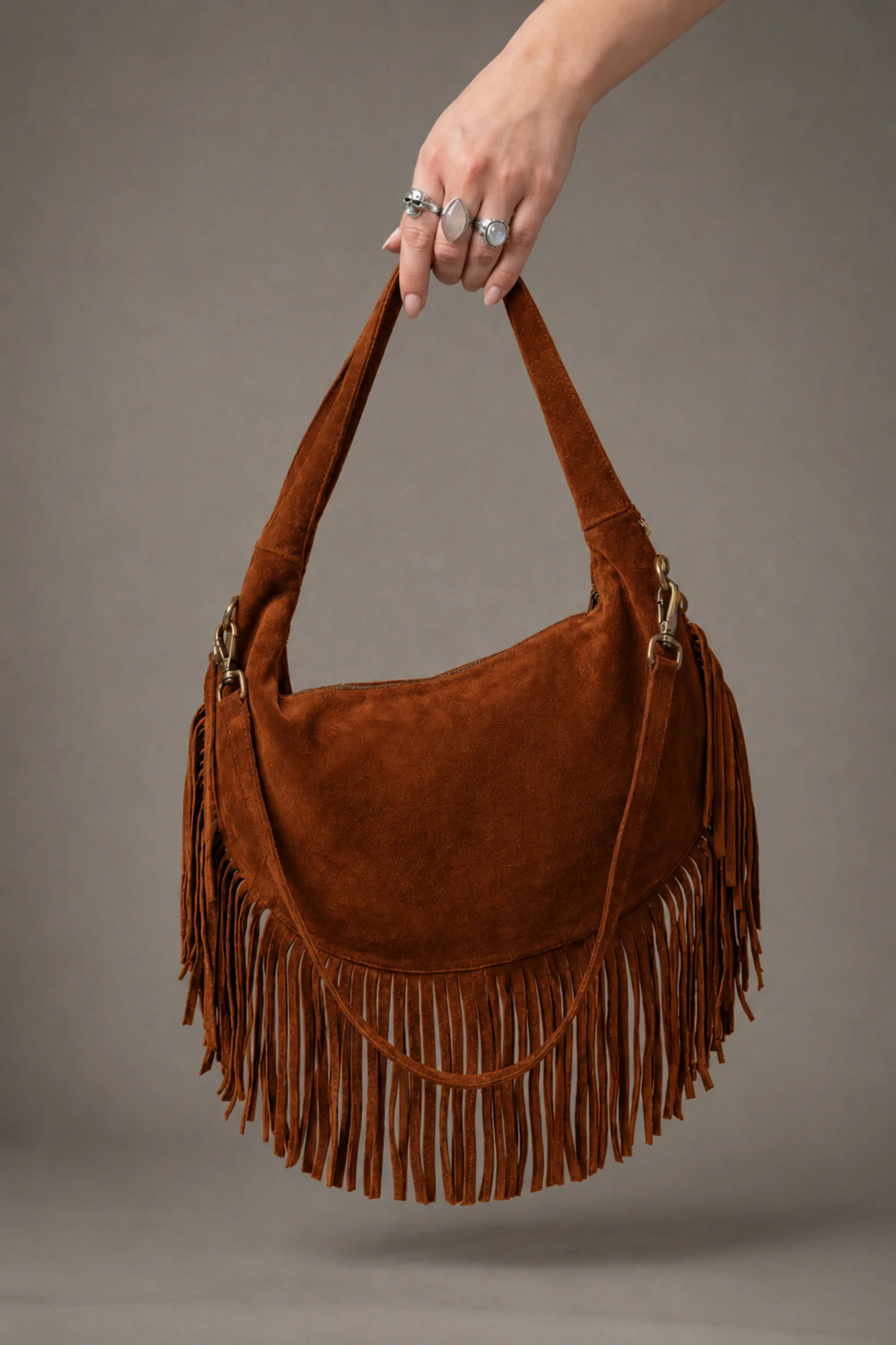 Kate Tan Suede Fringe Studded Bag - Image 4