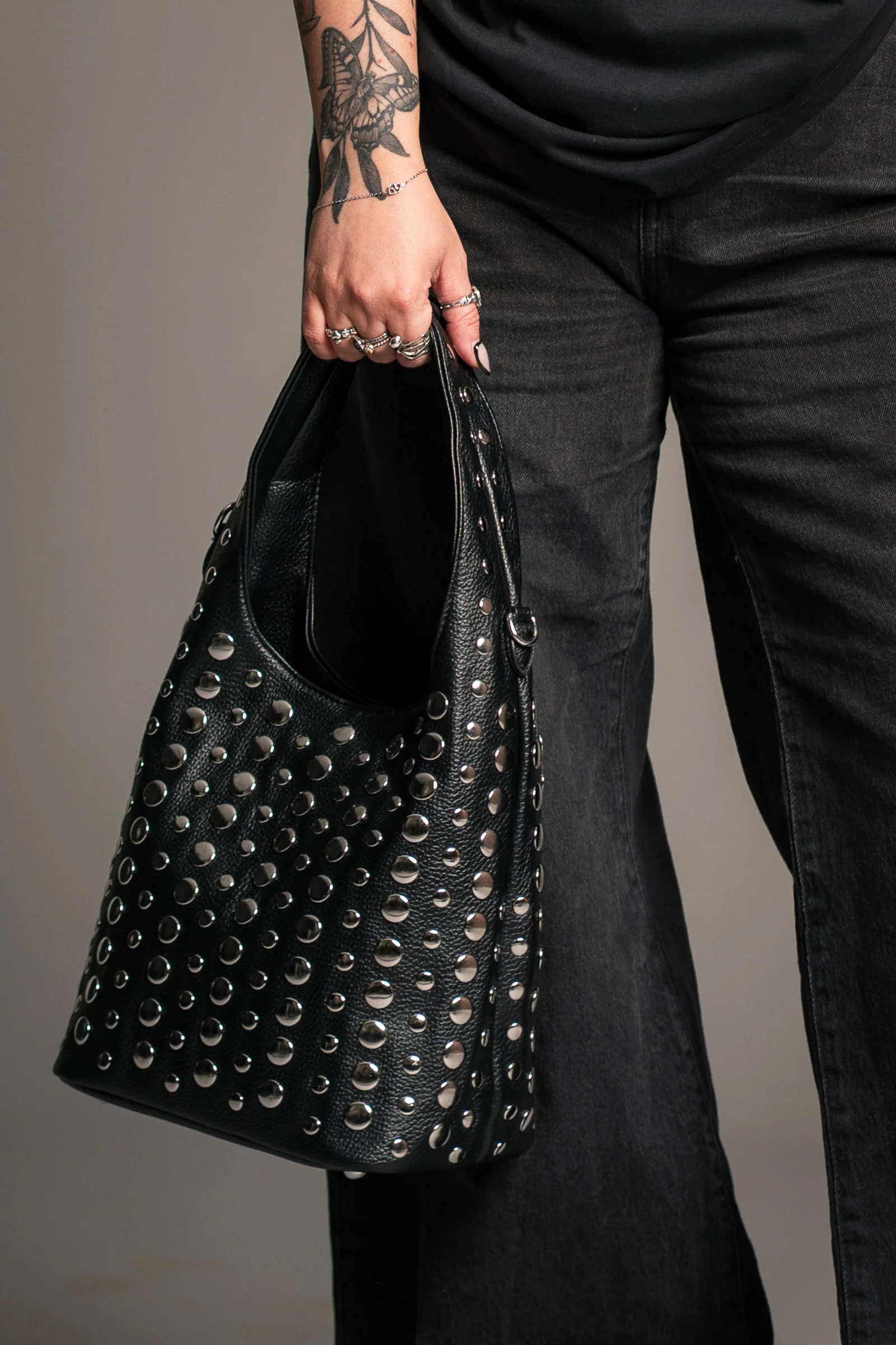 Viva Black Studded Hobo Bag