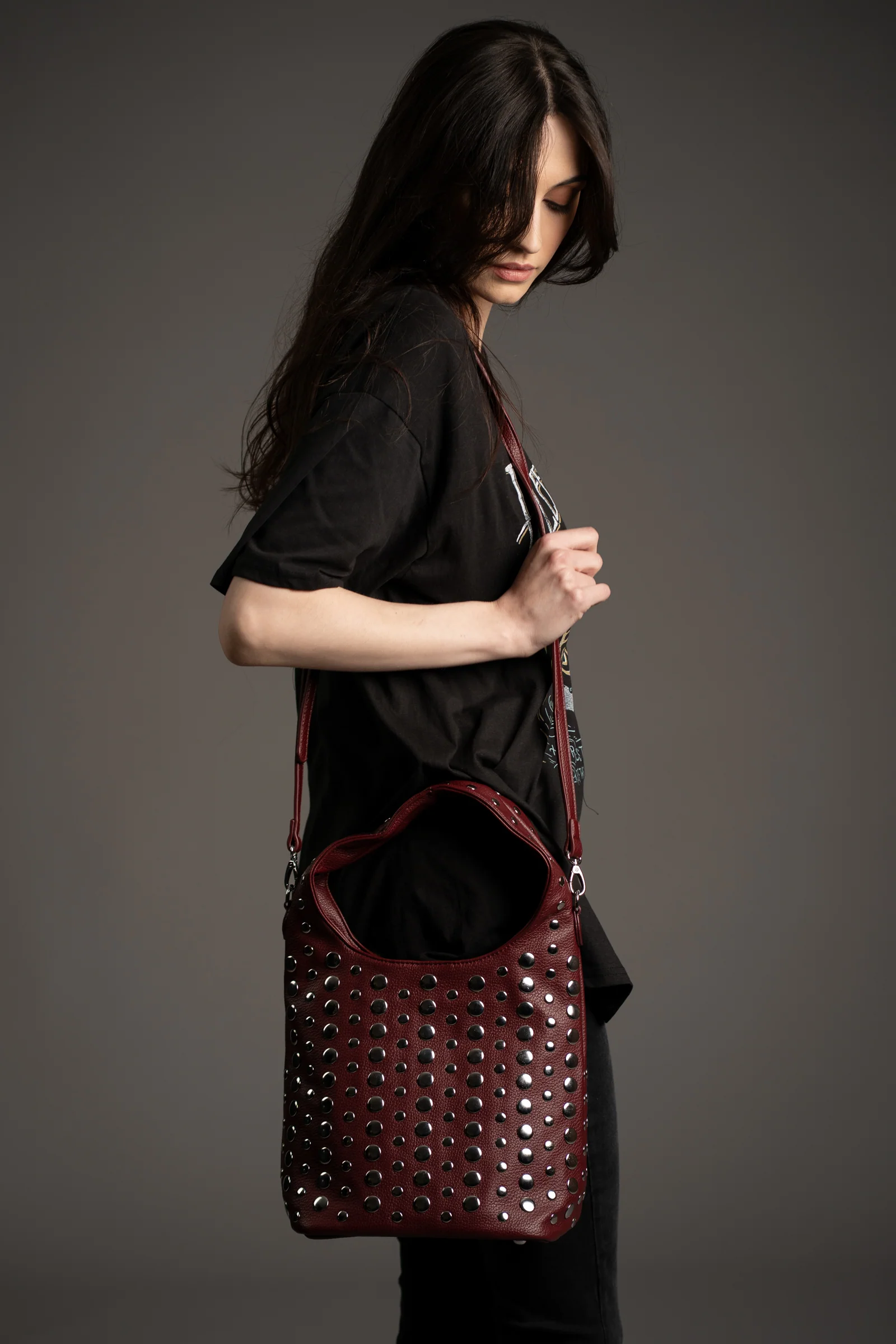 Viva Burgundy Studded Hobo Bag - Image 6