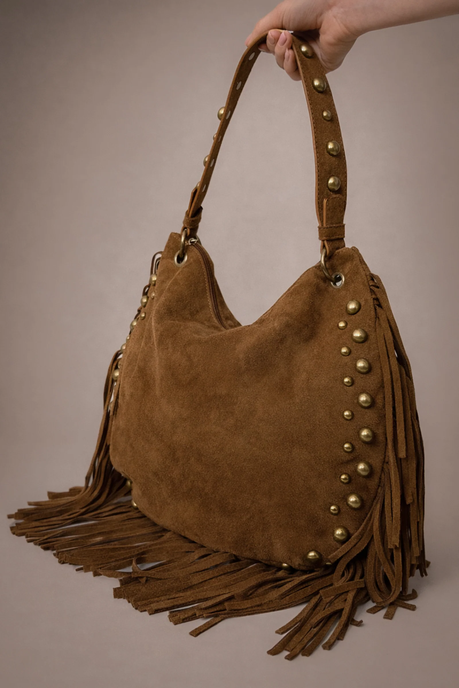 Willow Slouchy Tan Faux Suede Studded Bag - Image 3
