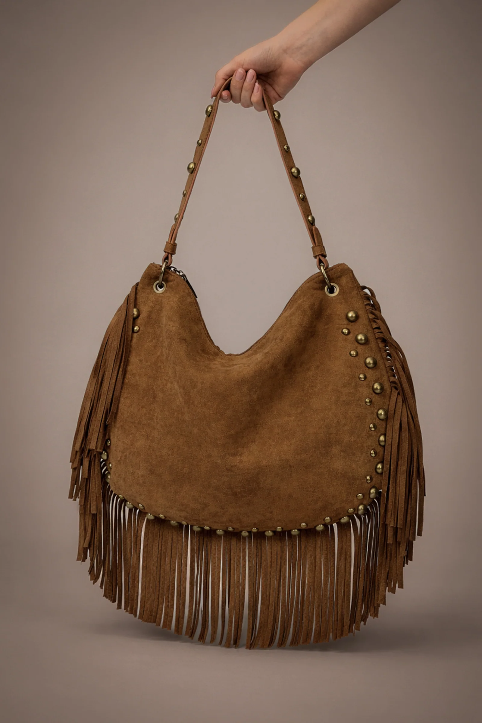 Willow Slouchy Tan Faux Suede Studded Bag - Image 7